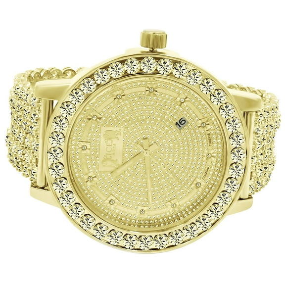 Canary Gold Finish Mens Solitaire Bezel Custom Band Genuine Diamond Dial Khronos J0 Rodeo Jojino Watch W/Date