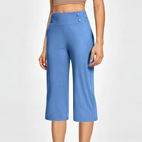 Eryao Straight Leg Capris for Women with Pockets High Waisted Work Capri Pants Casual Solid Color Crop Lounge Pants Blue S