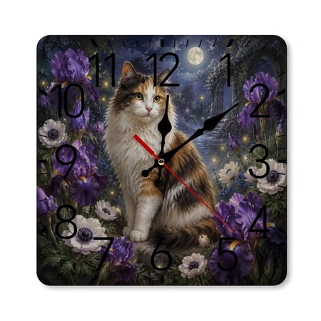 RKSupls 10×10inch Square Silent Wall Clock Wooden Frame, Calico Cat in Moonlit Iris Garden Scale Decorative Clock for Home Bedroom Living Room Office