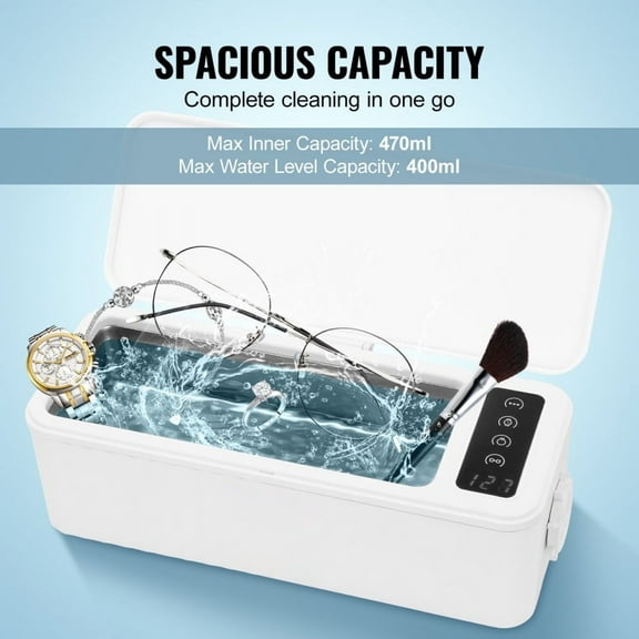 16oz Ultrasonic Jewelry Cleaner with 4 Timer Modes, Portable Cleaning Machine for Eyeglasses, Watches, Dentures, Rings, Includes Cleaning Basket