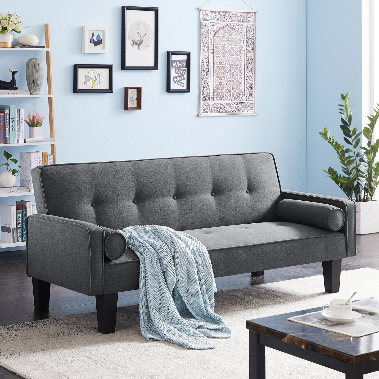 Bianlte Convertible Futon Sofa Bed,Upholstered Futon Couch Fabric Sleeper Sofa with Pillows for Living Room,Gray