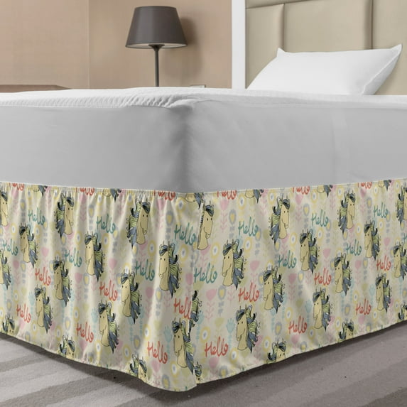 Hello Bed Skirt, Hand Drawn Like Calligraphy and Horse Portraits with Colorful Flower Motifs, Elastic Bedskirt Dust Ruffle Wrap Around for Bedding Decor, 4 Sizes, Eggshell Multicolor, by Ambesonne