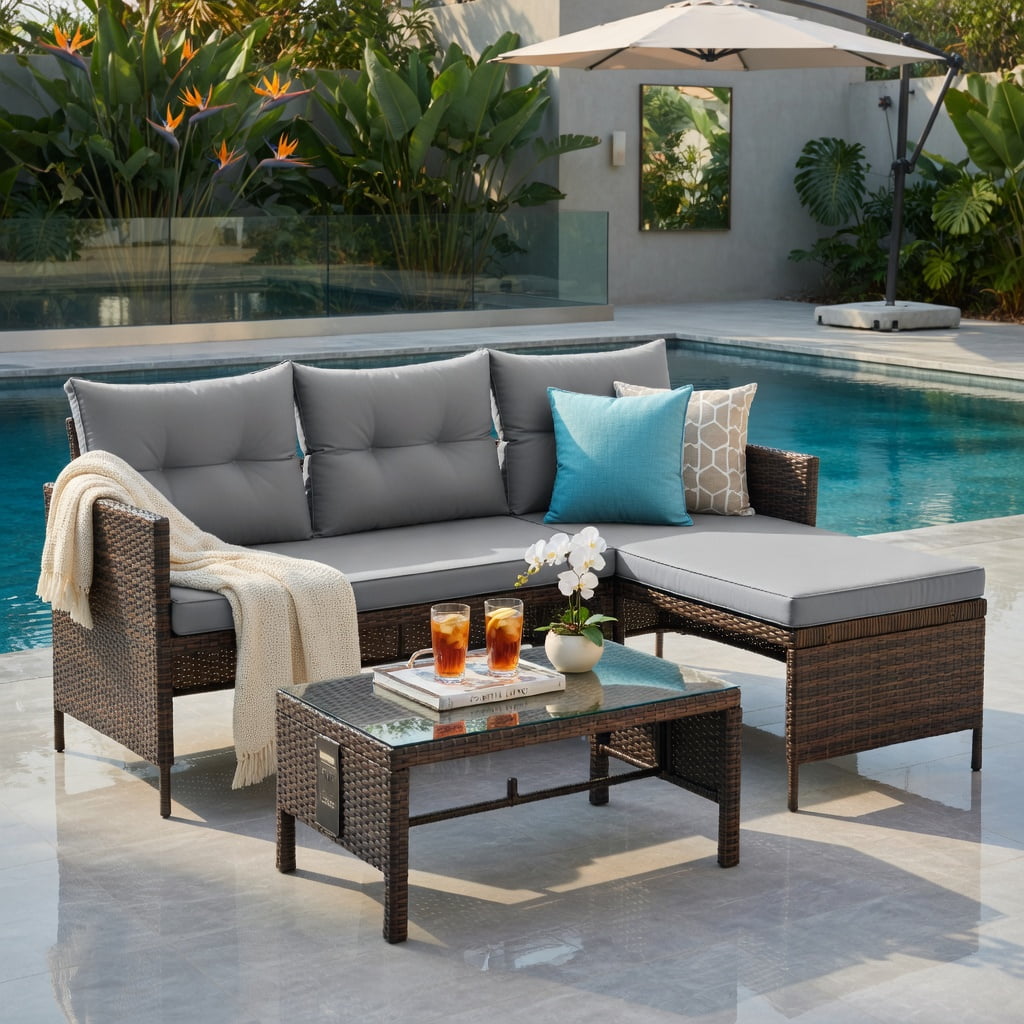 Hommoo 3-Piece Outdoor Wicker Patio Sofa Set with Tempered Glass Coffee Table, L-Shaped Sectional for Backyard, Deck or Balcony, Gray