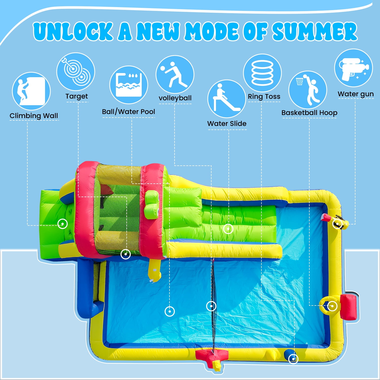 Relunch Inflatable Water Slide Crocodile Bounce House Volleyball Play for Kids
