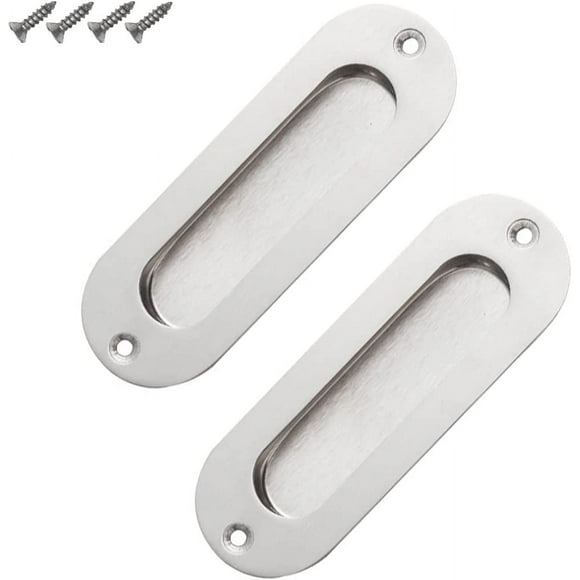 Jinsinto 2 Pieces Flush Door Handle, Recessed Oval Pull Handle, Satin Brushed Stainless Steel Hidden Handle – Silver