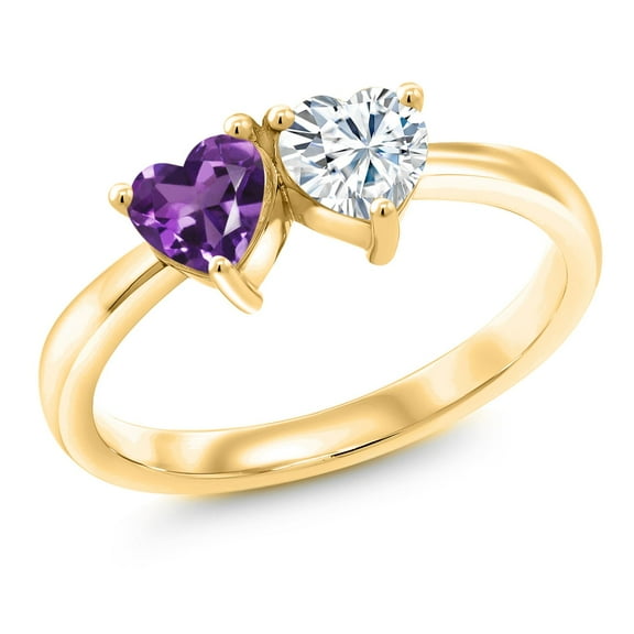 Gem Stone King 18K Yellow Gold Plated Silver Fashion Right-Hand Ring Set with Heart Shape Purple Amethyst and Moissanite (0.92 Cttw, Size 6)