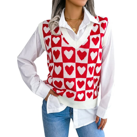 hirigin Valentine's Day Women Heart Print Sweater Vest V-Neck Sleeveless Knit Vests Knitwear Streetwear, Red, Large