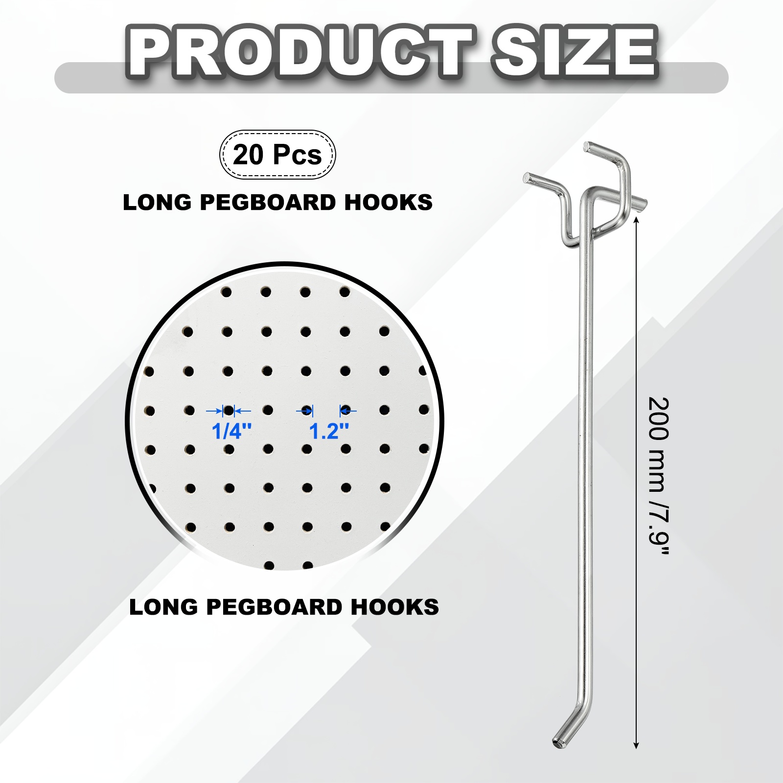 Uxcell 20 Pcs Pegboard Hooks,  7.9 Inch Peg Board Hooks Kit Fit 1/5" Pegboard Garage for Hanging Shelving Tool Storage Craft Organizing, Silver Tone (1.2mm Hole Dia)