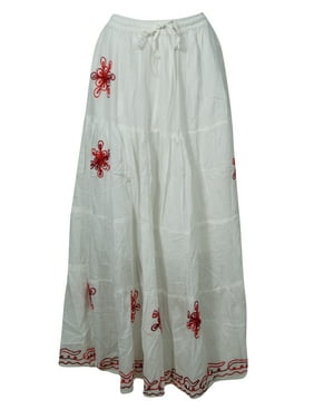 Mogul Women Cotton Skirt, White Red Floral Embroidered Casual Drawstring Hippy Summer Maxi Skirts ML