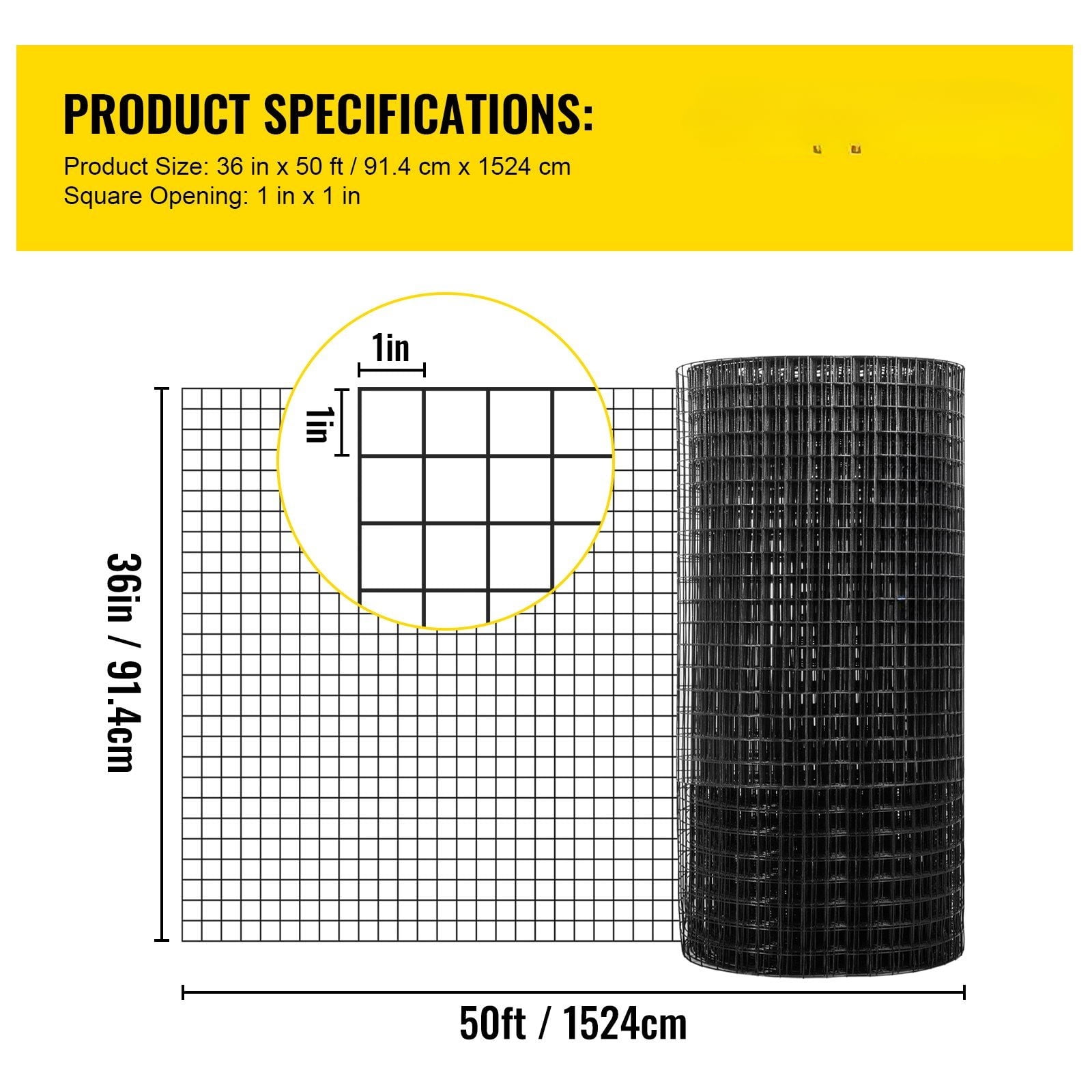 1"x1" Mesh 16 Gauge Vinyl Coated Hardware Cloth, 36"x50' Roll with Cutting Tool & Gloves, Durable Garden Fence, Black