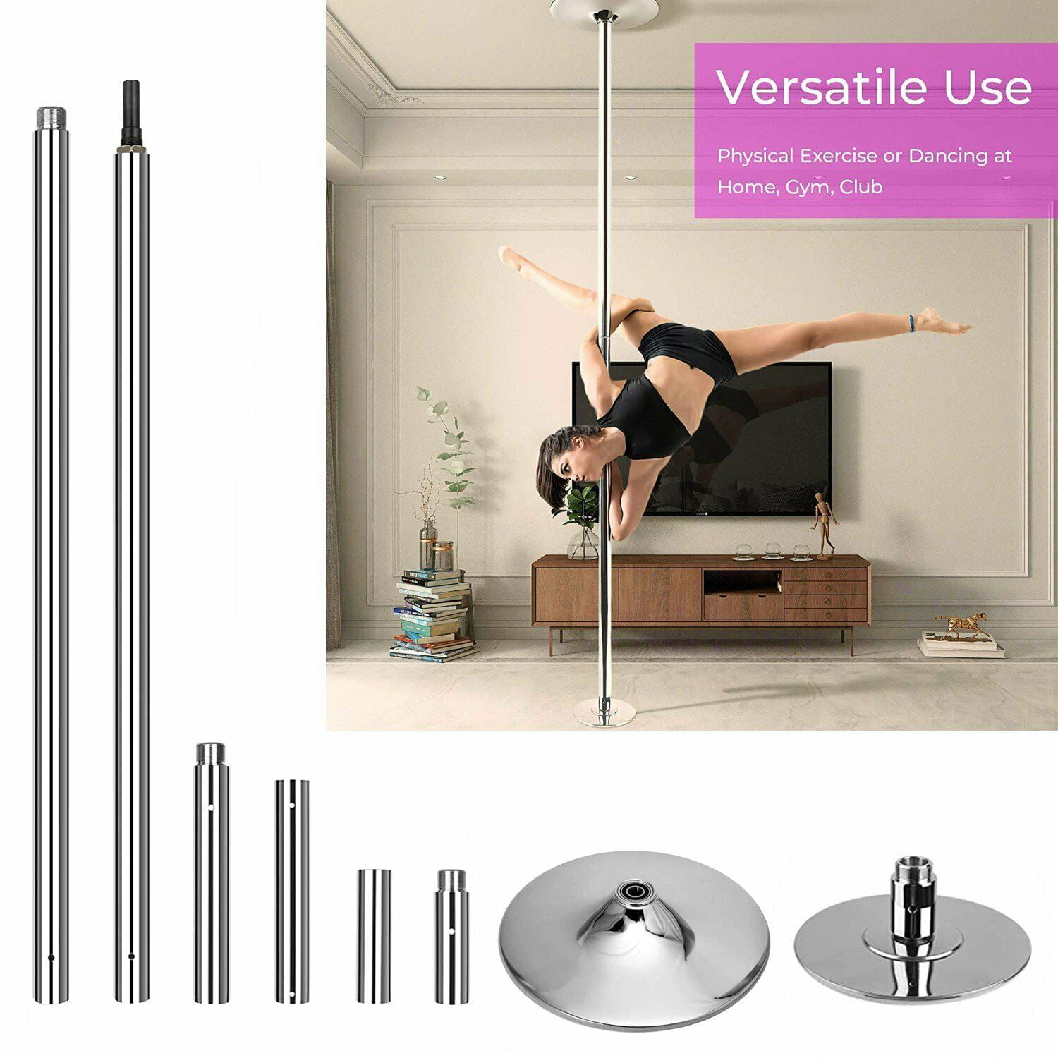 45mm Dance Pole Kit Portable Static Spinning Fitness Exercise with 2 Extensions 