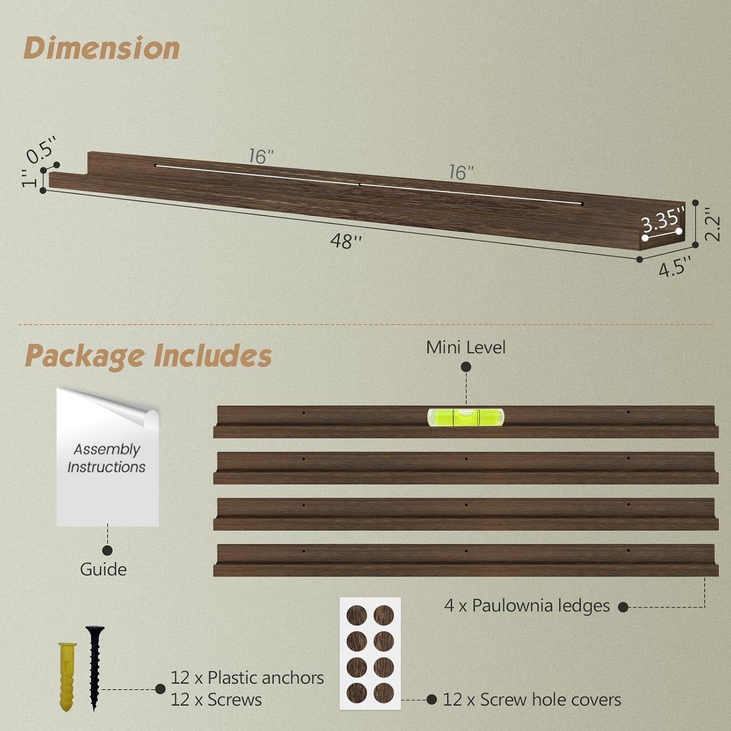 Wood Picture Ledge Shelf for Wall 4-Pack, 48 Inch Long Rustic Floating Shelves with Lip for Classroom Library, Farmhouse Wooden Wall Ledge for Photo Frames Books (Dark Brown)