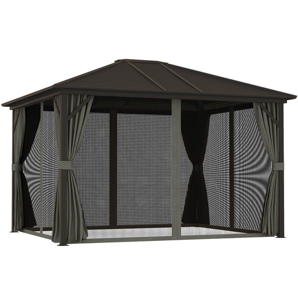 Outsunny 10' x 12' Deluxe Hardtop Gazebo with Curtains and Netting, Grey