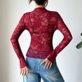thumbnail image 4 of purcolt Womens Mesh Long Sleeve Tops Y2K Mock Neck Sheer Through Shirts Floral Embroidery Lace Blouses Going Out Tops, 4 of 5