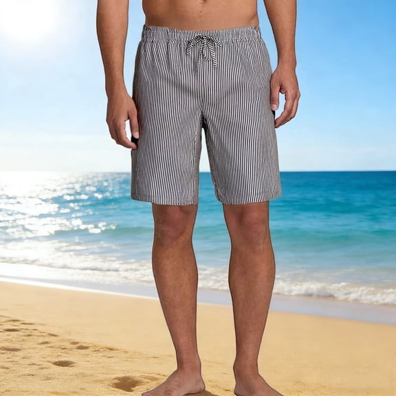 Hurxie Mens Striped Casual 7" Shorts Summer Beach Elastic Waist Drawstring Shorts with Pockets Black,XL