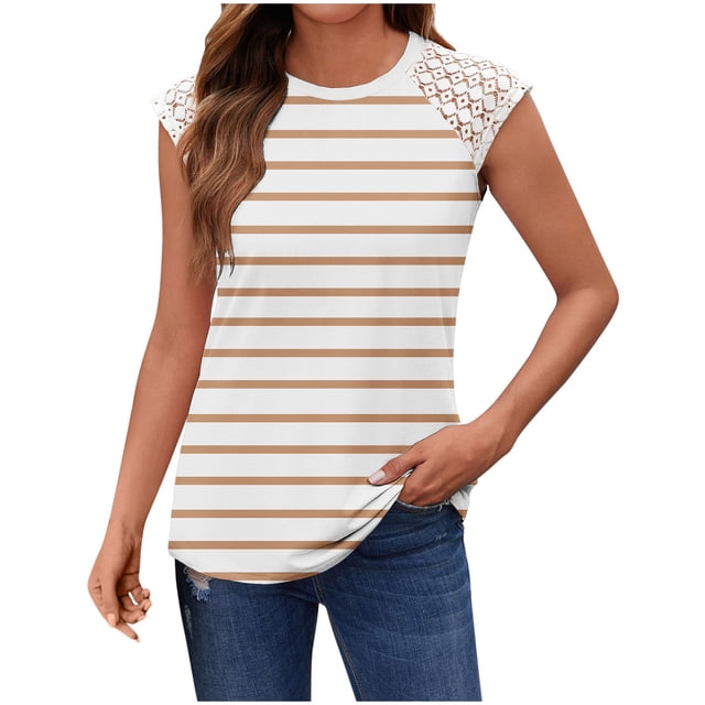 fatyb Débardeurs Rayés Femmes Dentelle Sans Manches T-Shirts Col Rond Tunique Décontractée Blouses d'Été Amples