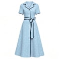 thumbnail image 5 of Karymi Polka Dot Print Vintage Midi Dress, Lapel V Neck Short Sleeve Contrast Trim Button Front A-Line Dress with Self Tie Belted Waist Easter Dress, 5 of 7