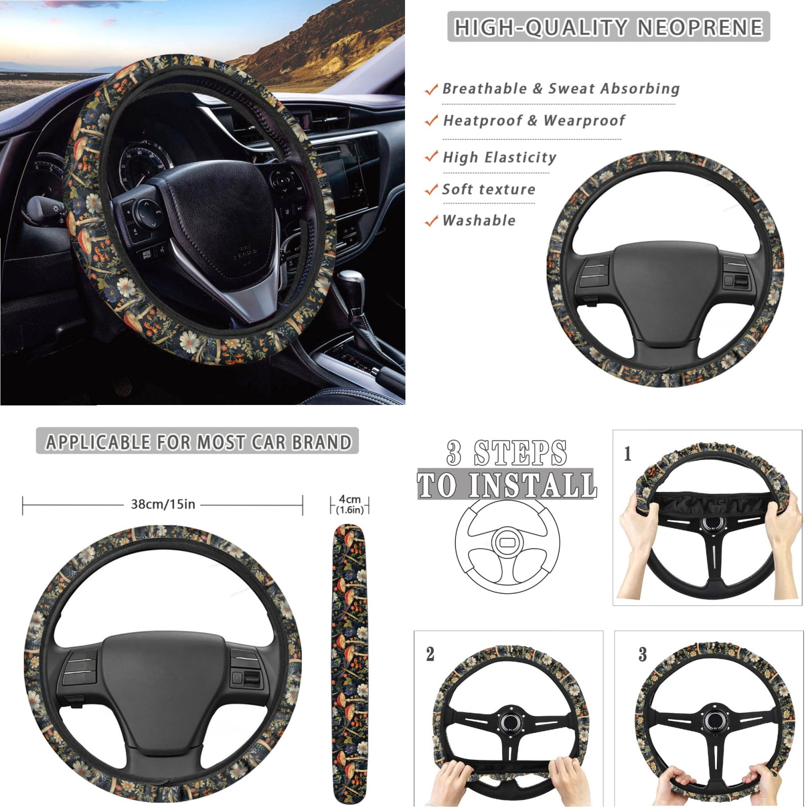 Jeiento Aesthetic Mushroom Car Seat Covers Front Rear Full Set Steering Wheel Cover Seat Belt Pads Coasters Waste Bin Armrest Cover Cup Holders Rearview Mirror Cover Handbrake Cover Set, 14 PCS