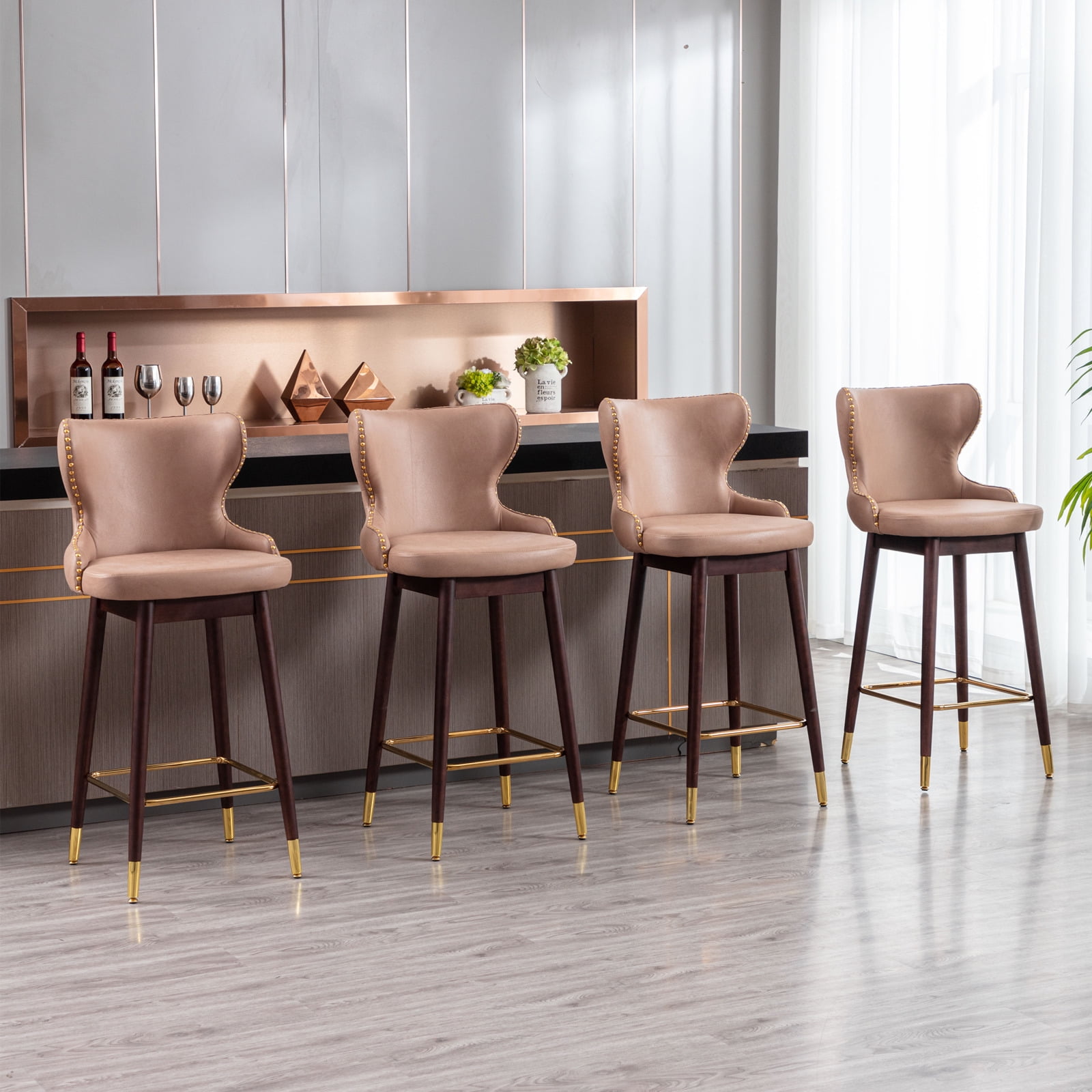 Yardi Yard Modern Leathaire Set of 2 Bar Stools with Back, 29.9" Tufted Gold Nailhead Trim Counter Height Stools for Pub Kitchen, Khaki Yardi Yard Modern Leathaire Set of 2 Bar Stools with Back, 29.9" Tufted Gold Nailhead Trim Counter Height Stools for Pub Kitchen, Khaki