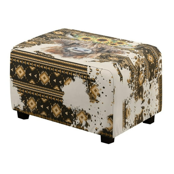 Xixirimido Aztec Tribe Highland Cattle Sunflower Pattern Ottoman Cover Stretch Rectangular Footstool Slipcover with Nonslip Elastic Base, Universal Fit for Storage Ottomans & Ottoman Footrests, Large