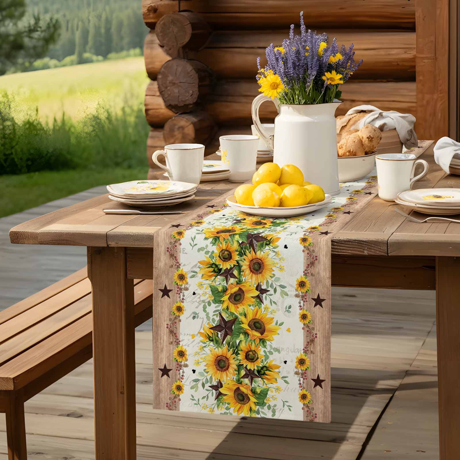 Retro Sunflower Bee Country Star Table Runner 90 Inches Long, Farmhouse Wood Grain Table Runners Tabletop Scarf Kitchen Dining Tables Decoration for Home Party Indoor Outdoor
