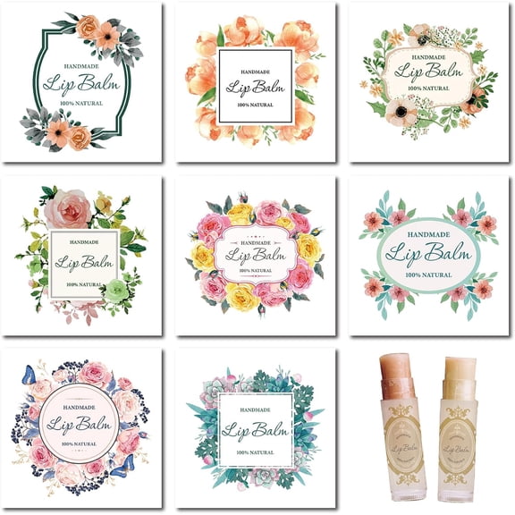 80Pcs 8 Styles Lip Balm Sticker Self-Adhesive Homemade Lip Balm Labels Floral Patter Square Printable DIY Label Stickers
