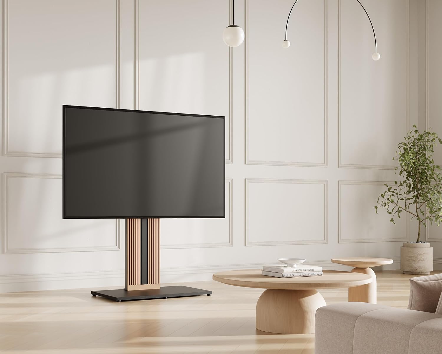 FITUEYES Zen Series Floor TV Stand for 55–88 Inch TVs, Black & Light Wood, Hidden Storage