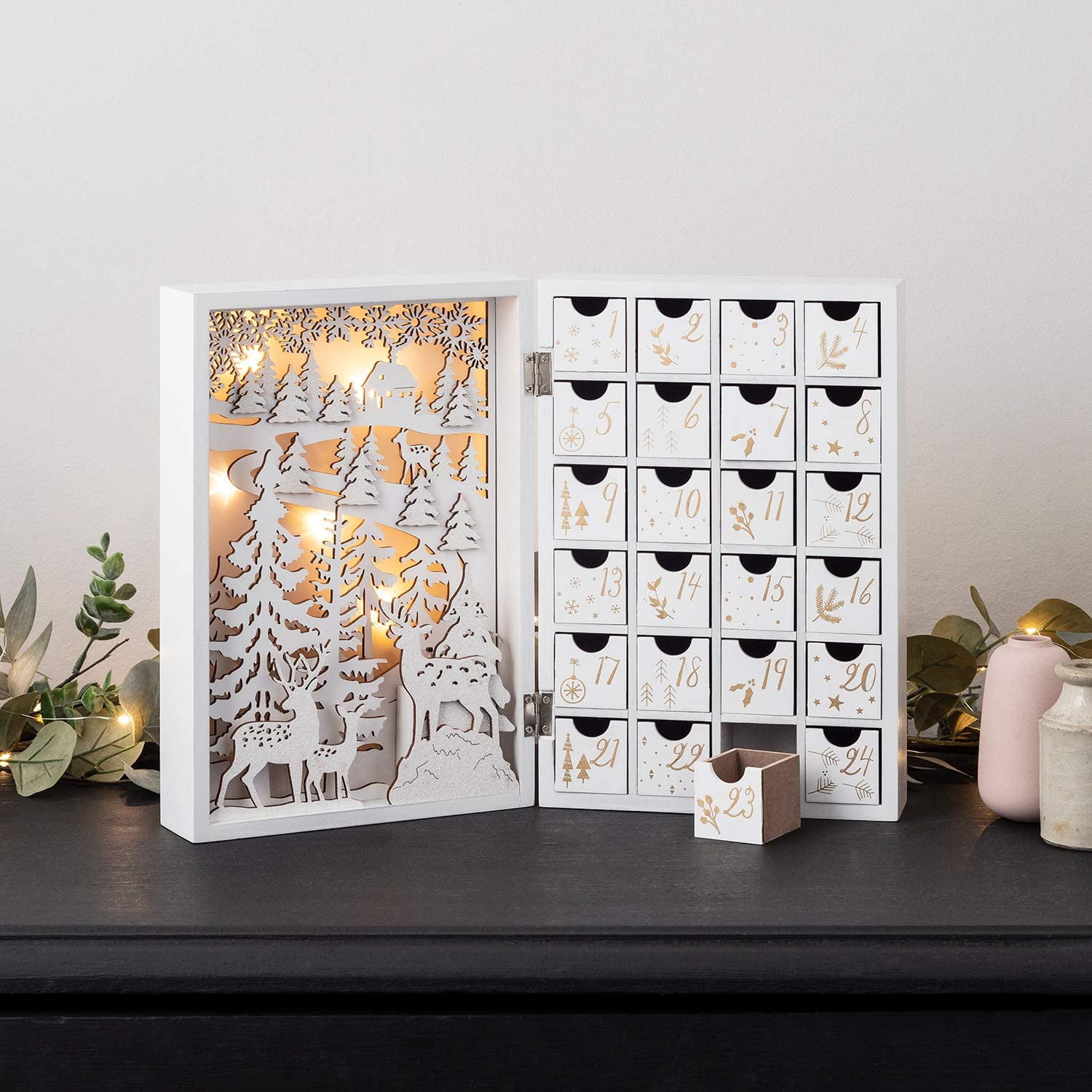 Lights4fun, Inc. Pre Lit Battery Operated LED Fold Out White Wooden Advent Calendar with Drawers - Walmart.com lights4fun-inc-pre-lit-battery-operated-led-fold-out-white-wooden-advent-calendar-with-drawers-walmart-com