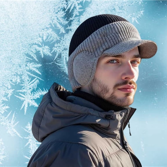 Windproof Thermal Cap with Visor, Men's Winter Knitted Earflap Hat with Brim, Outdoor Elastic Warm Fleece Baseball Cap Ends Thermal Gapping