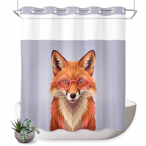 No Hook Shower Curtain, Purple Fox Shower Curtains for Bathroom with See Through Top Window, Funny Animals Modern Art Waterproof & Washable Bath Curtain 66"x72"