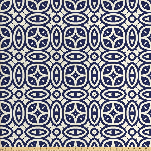 Geometric Upholstery Fabric by the Yard, Ornamental Abstraction of Shapes Antique Victorian Design Ogee and Stars, Decorative Fabric for DIY and Home Accents, Beige and Navy Blue by Ambesonne