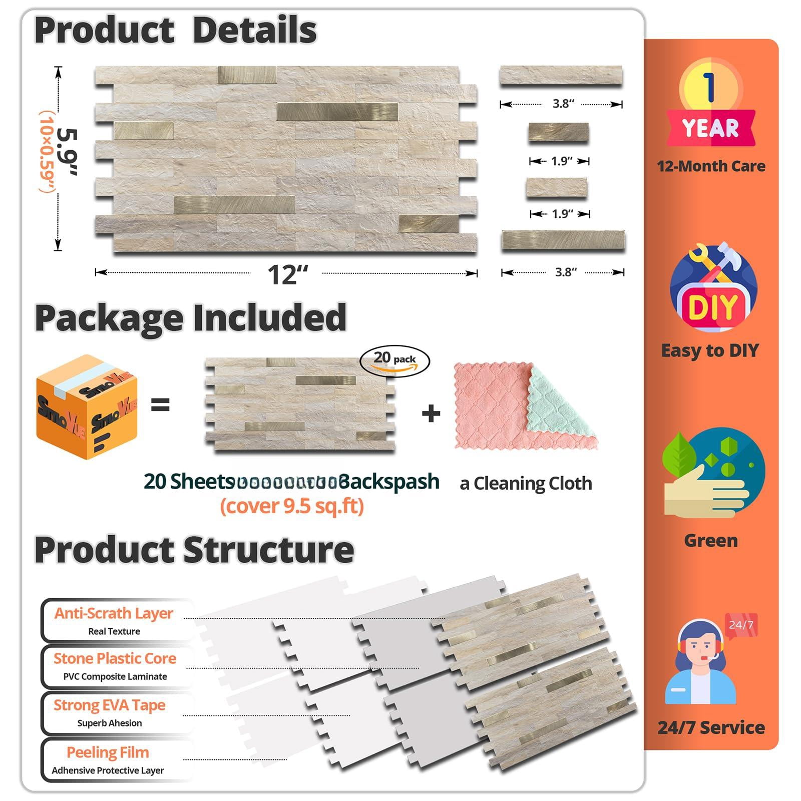 20 Sheets Kitchen Peel And Stick Backsplash Tiles  Beige With Metal Look On For Rv Fireplace