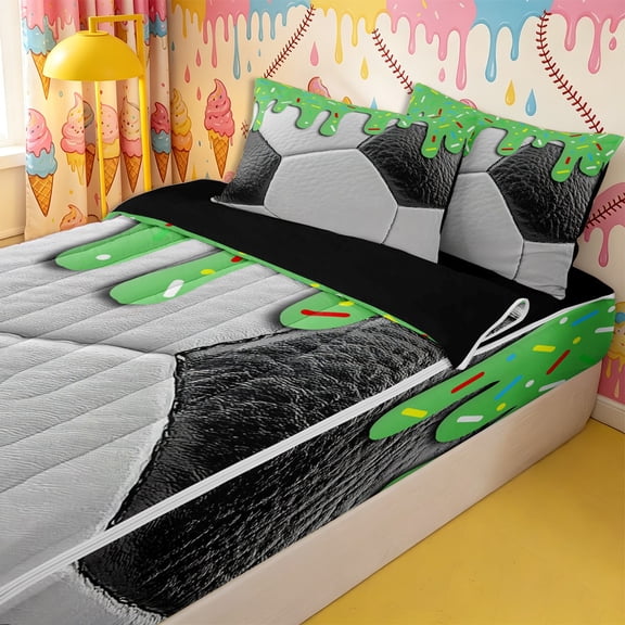 Homewish Sport Soccer Zipper Twin Comforter Sets with Fitted Sheet and 2 Pillowcases,Teens Green Ice Cream Drip Zipper Bedding Set,4-Piece,Black Reversible