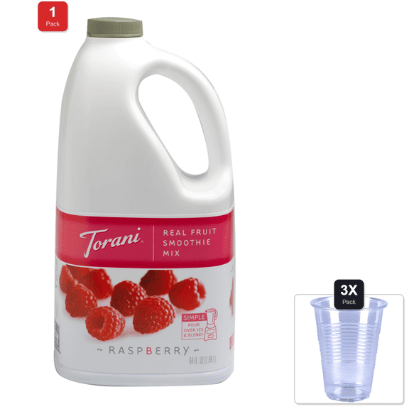 1 Pack | Torani Real Fruit Smootie Smoothie Mixes, Raspberry, 64 Ounce & 3x Disposable Cup