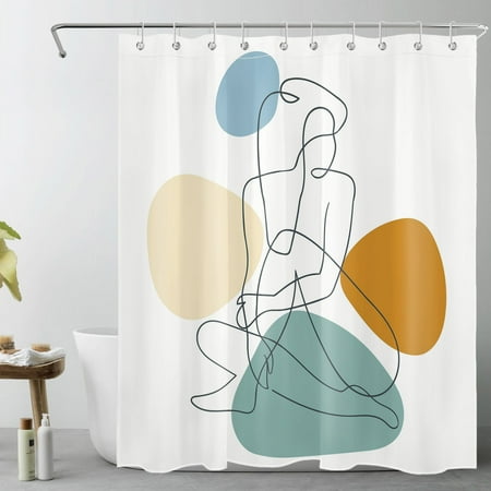 HVEST Abstract Minimalism Shower Curtain, Line Girl Shape With Irregular Geometry,White Bathroom Shower Curtain Polyester Fabric Decor Curtain with Hooks, 60X72 inch