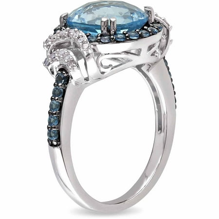 4-4/5 Carat T.G.W. Sky Blue Topaz and London Blue Topaz with 1/8 Carat T.W. Diamond Sterling Silver Halo Cocktail Ring