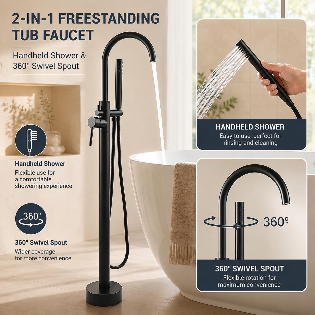 Nygira Freestanding Bathtub Faucet with Handheld Shower, Floor Mount Tub Filler, Bathroom High Flow Solid Brass Construction, Matte Black