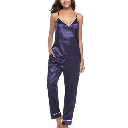 

Douhoow Women Solid Color Pajamas Set Sleeveless V Neck Top Long Pants Summer Sleepwear Nightwear