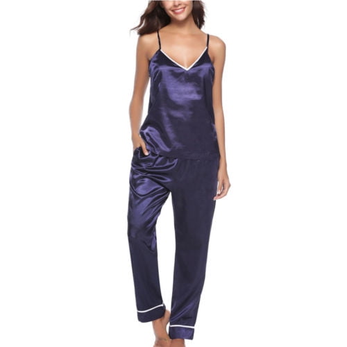 Douhoow Women Solid Color Pajamas Set Sleeveless V Neck Top Long Pants Summer Sleepwear Nightwear