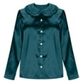 thumbnail image 7 of Women's Satin Dress Shirt Ruffle Lepal Collar Elegant Long Sleeve Top Fashion Blouse Dark Blue M, 7 of 7