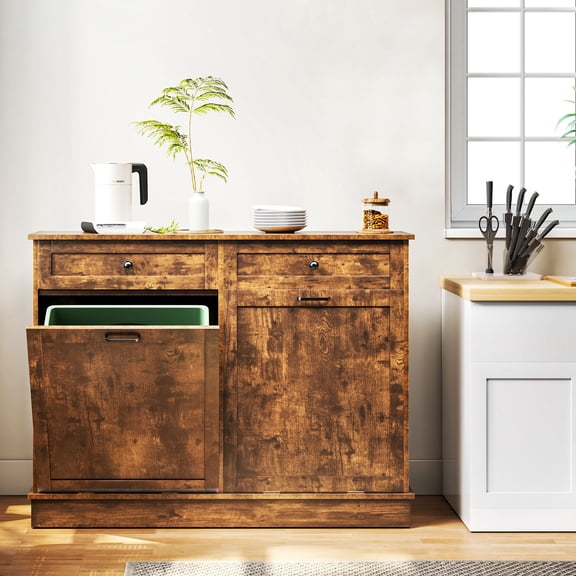 YESSW Tilt-Out Trash Can Cabinet, Freestanding Kitchen Laundry Sorter Storage Cabinet with Double Doors, Hidden Garbage Bin Organizer, Brown