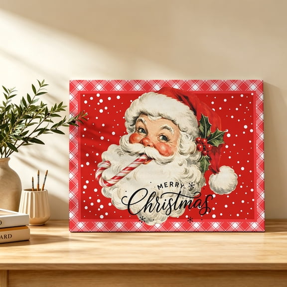 Merry Christmas Canvas Wall Art, Vintage Santa Claus Portrait Cane Holly Wall Art Prints Artwork Framed Canvas Ready to Hang Art Pictures for Bathroom, Dressing Table, Entryway 12" x 8"