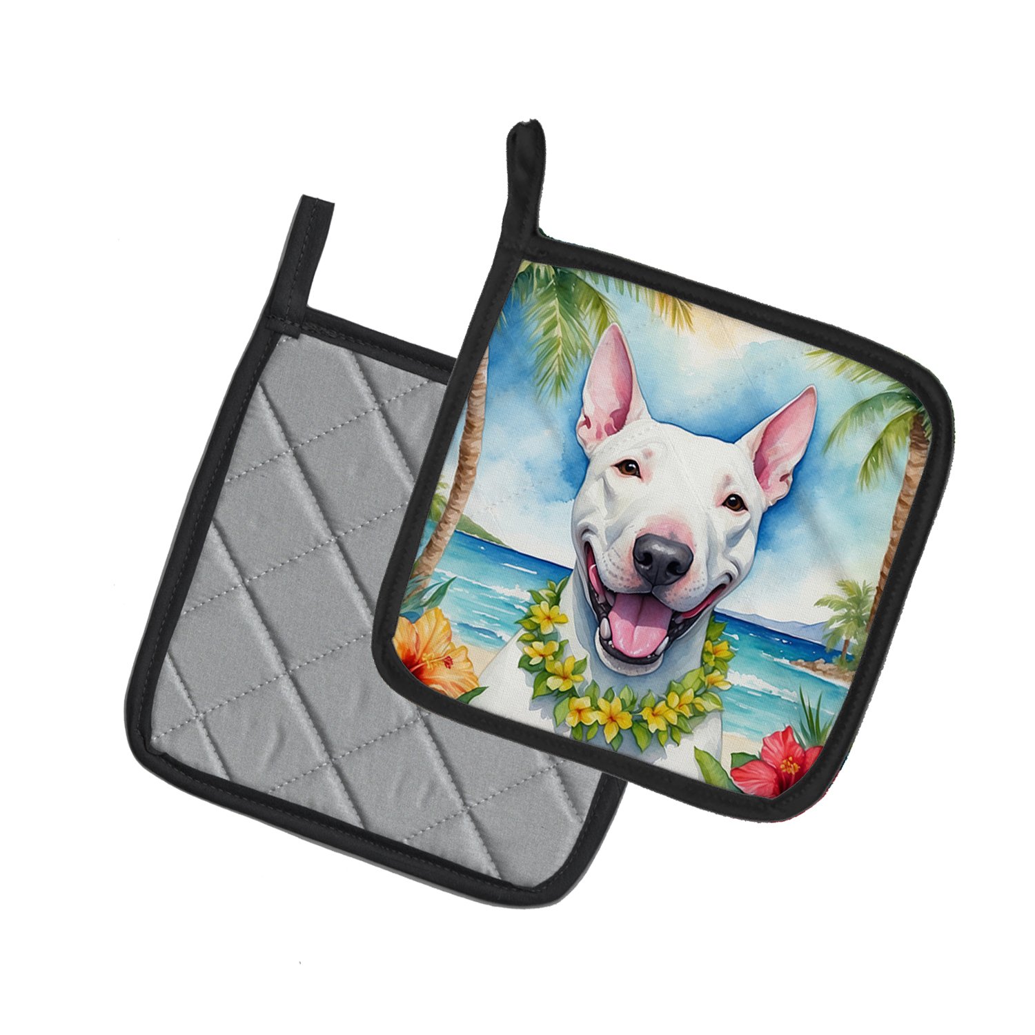 Bull Terrier Luau Pair of Pot Holders