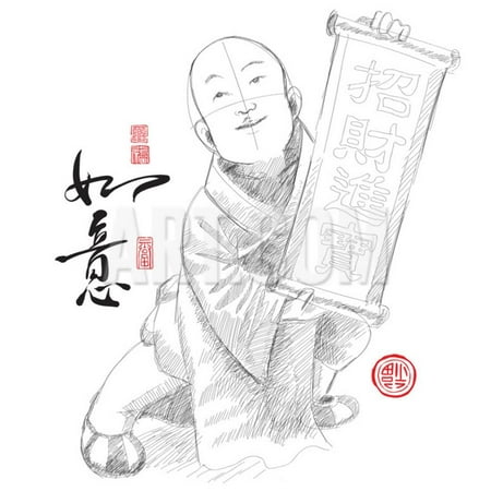 Sketch of Chinese Little Monk Presenting Scroll with Chinese New Year Wishes Print Wall Art By