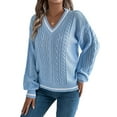 thumbnail image 3 of Women'S Long Sleeve V Neck Cable Knit Sweater 2025 Fall Pullover Top Cute Soft Dressy Casual Outfits Blue M, 3 of 9