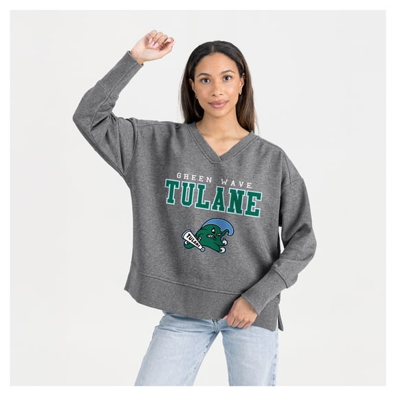 Women's Gameday Couture Gray Tulane Green Wave French Terry V-Neck Pullover Sweatshirt