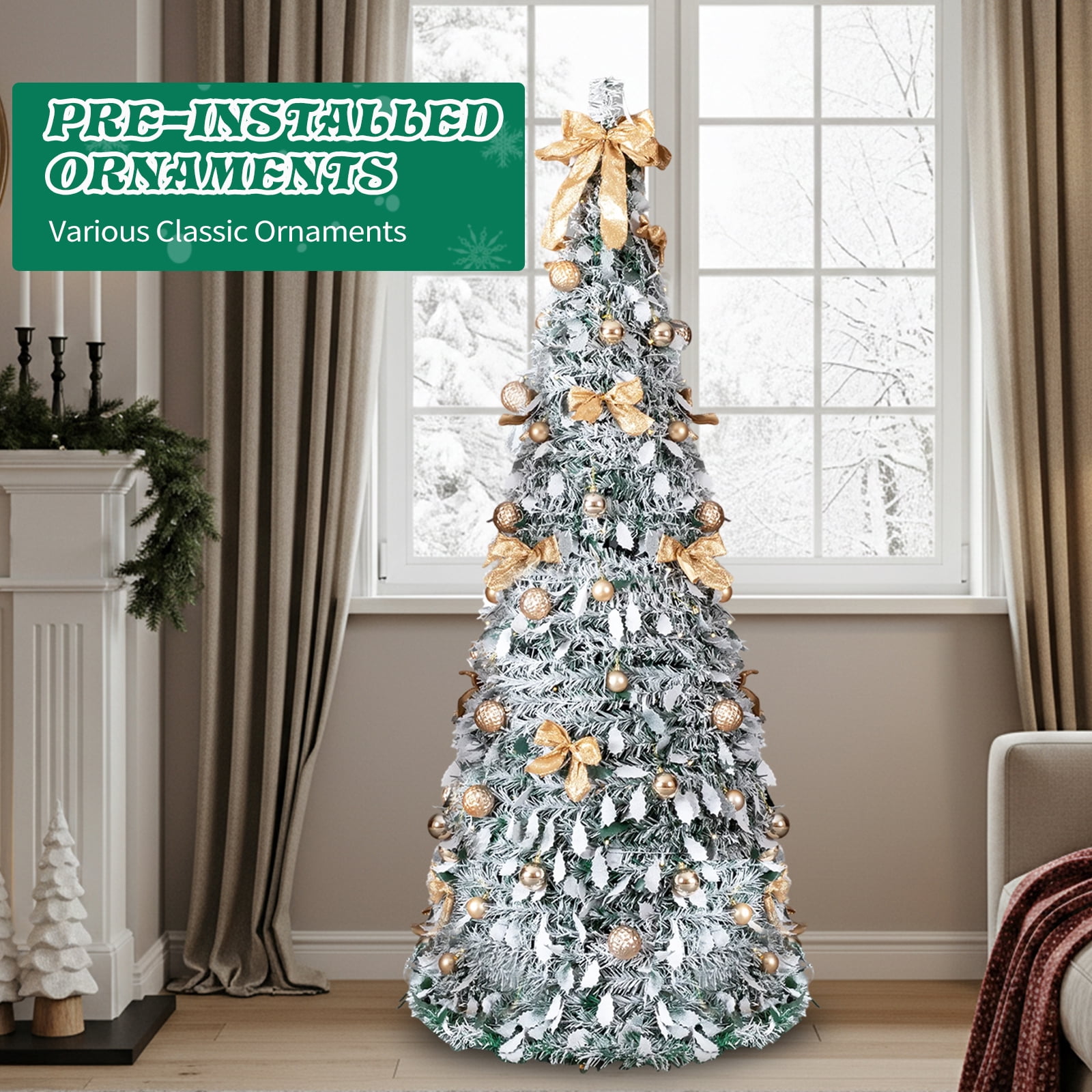 Astoutdoor 6 ft Snow Flocked Pre-lit Artificial Pop Up Christmas Tree with 100 Warm Lights and Golden Ornaments, Snowy Green