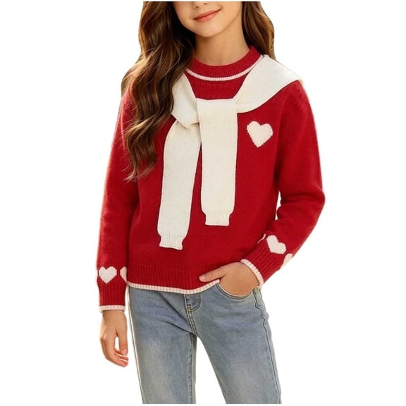 BLVB Kids Girls Valentine's Day Heart Pattern Knit Sweater Fashion Outfit Cute Pullover with Shawl 9-15 Years(Red,14-15 Years)
