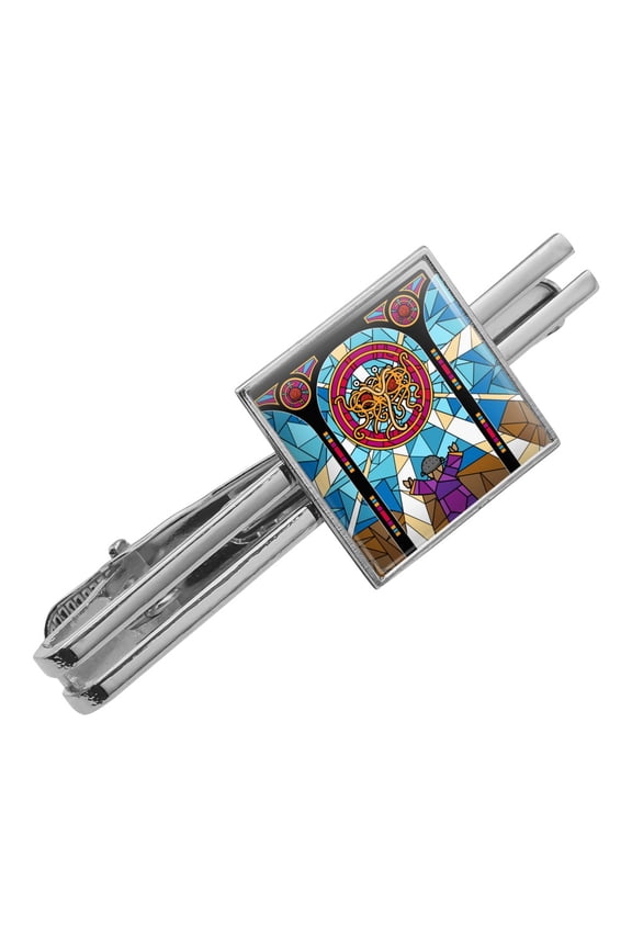 Flying Spaghetti Monster Stained Glass Square Tie Bar Clip Clasp Tack- Silver or Gold