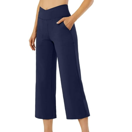 QIJUNTUO Women s High Waisted Wide Leg Yoga Pants With Side Pockets Tummy Control Lounge Panties Dark Blue